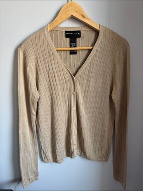 august silk Beige Ribbed V-Neck Button Cardigan